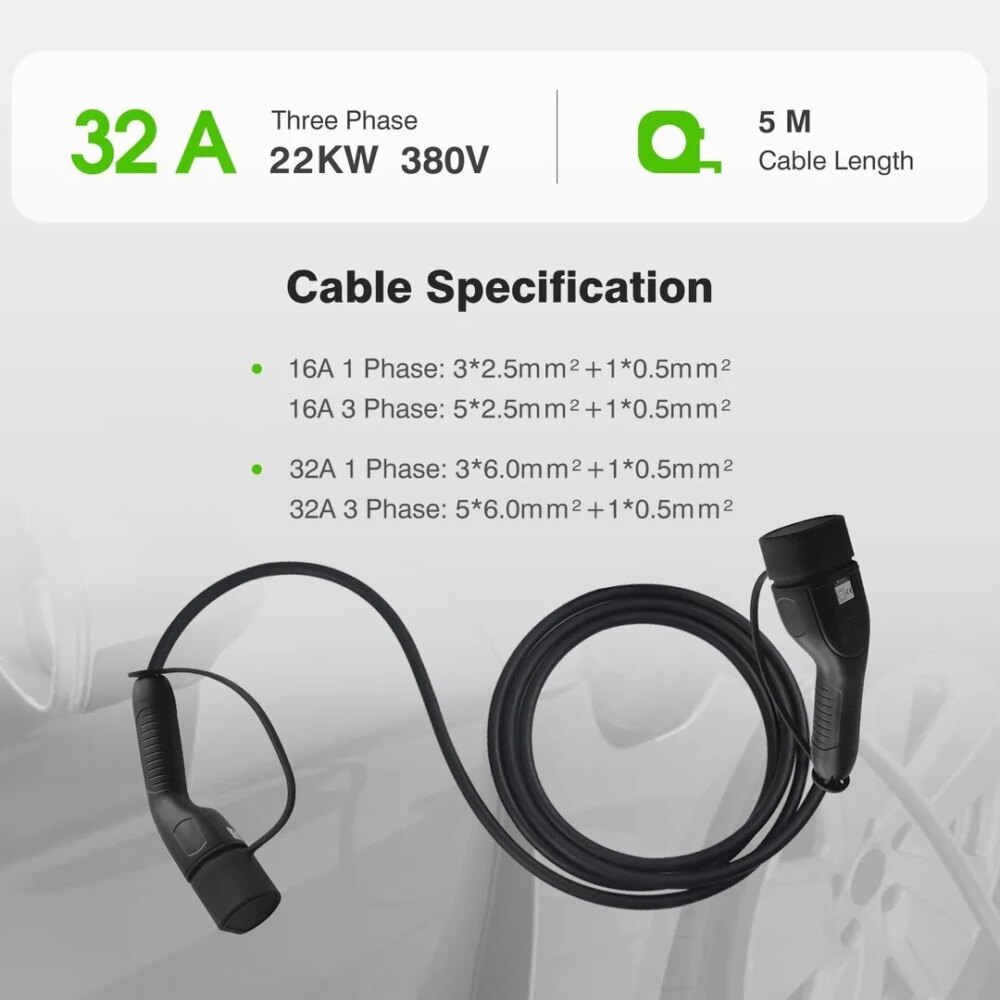 Kabel ładowania samochodów elektrycznych Typ 2 na Typ 2 22kW 5m 10m